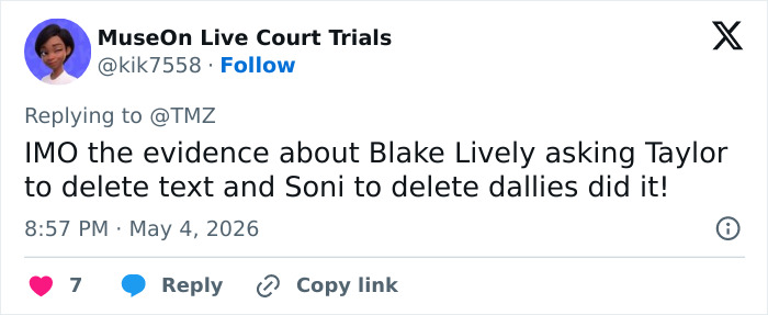 A tweet from MuseOn Live Court Trials mentions evidence concerning Blake Lively and a multimillion-dollar case.