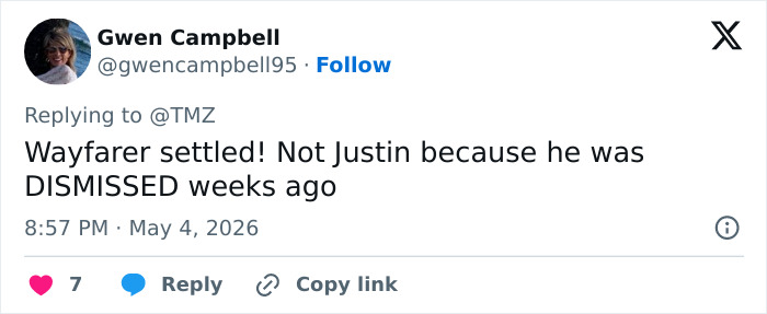 A tweet by Gwen Campbell about Wayfarer settling, mentioning Justin Baldoni was dismissed weeks ago in a multimillion-dollar case.