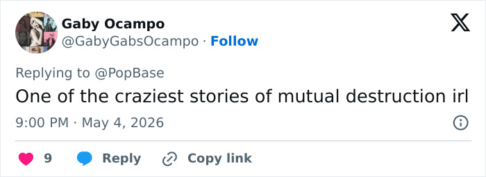 A Twitter reply from Gaby Ocampo, commenting on a chaotic trial involving Blake Lively and Justin Baldoni.