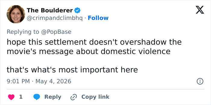 A Twitter post from The Boulderer about a settlement not overshadowing the movie's message, relevant to the Blake Lively and Justin Baldoni case.