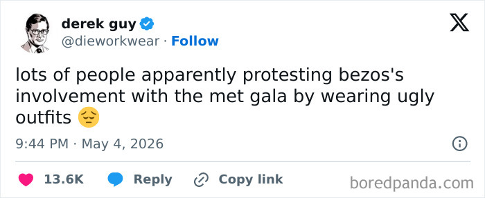 A tweet from derek guy about people protesting Bezos's Met Gala involvement by wearing ugly outfits, offering spicy reactions to celebrity guests.