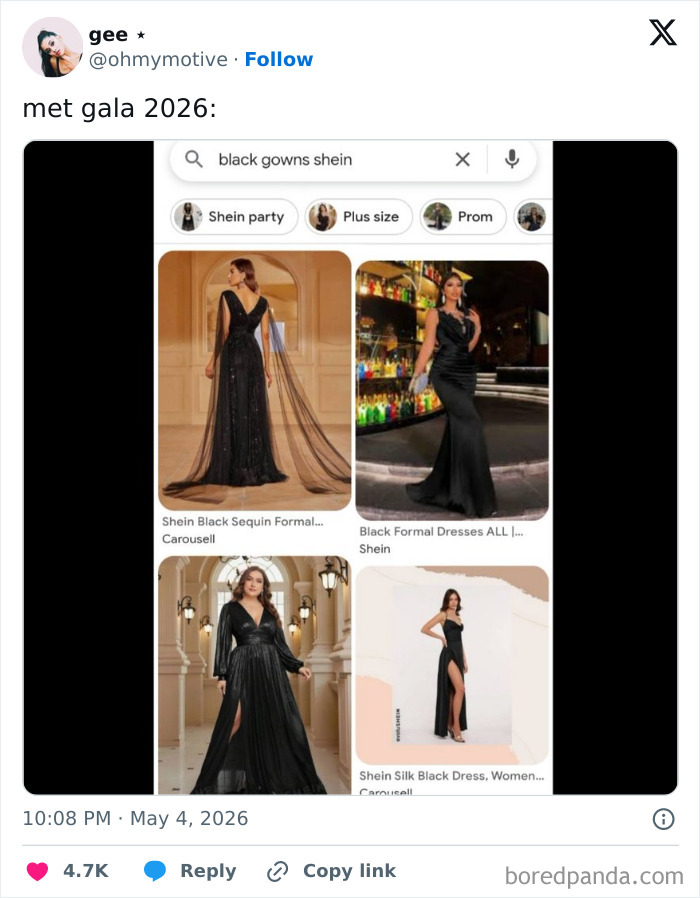 A tweet showing a Google search for black gowns, captioned Met Gala 2026, implying reactions to celebrity guests' outfits.