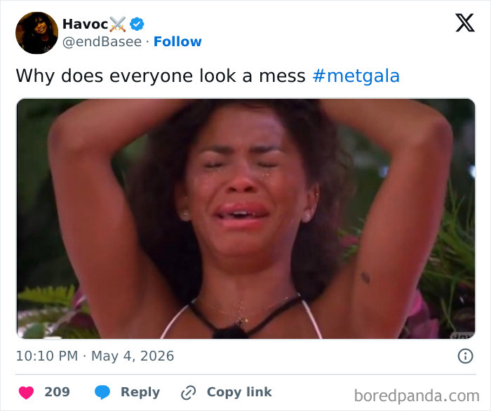 Woman crying with glitter on her face, reacting to MET Gala 2026 celebrity guests. A funny and spicy reaction.