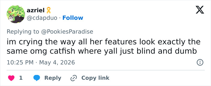 A Twitter reply from Azriel, defending Sabrina Carpenter against "catfish" accusations, stating her features remain the same with makeup.
