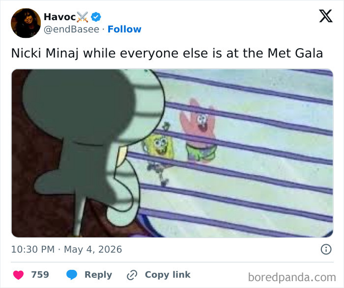 Squidward looks out a window at SpongeBob and Patrick, symbolizing Nicki Minaj missing the Met Gala 2026. Funniest reactions.