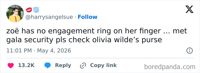 A tweet from @harrysangelsue on X, sharing a funny reaction to MET Gala 2026 celebrity guests.