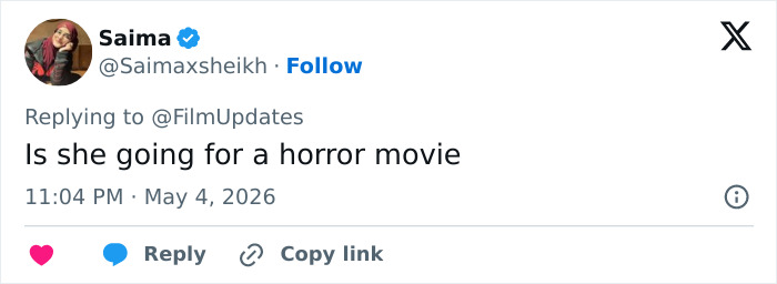 A tweet from Saima asking, "Is she going for a horror movie," referring to Heidi Klum's disturbing Met Gala outfit.
