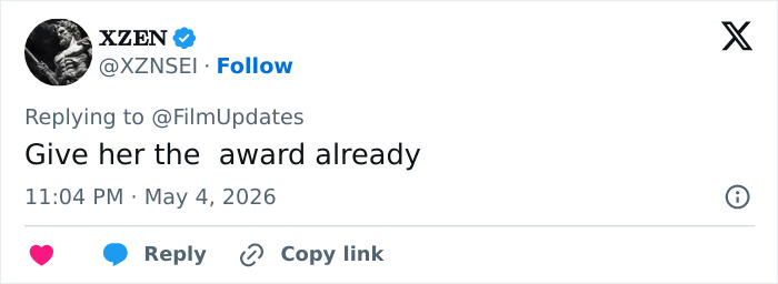 A tweet from XZEN about Heidi Klum's Met Gala outfit, reading Give her the award already. Disturbing.