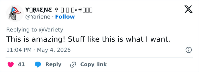 A social media comment from "Yariene" replying to @Variety: "This is amazing! Stuff like this is what I want." This comment is related to the genuinely disturbing Met Gala outfit transformation.