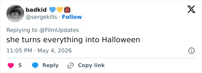 A tweet from user badkid, @sergekills, reading "she turns everything into Halloween." Relates to Heidi Klum's Met Gala transformation.