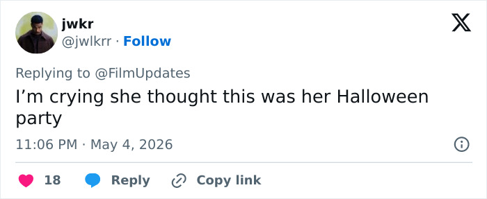 A tweet about Heidi Klum's Met Gala outfit, mocking her transformation, says: "I'm crying she thought this was her Halloween party."