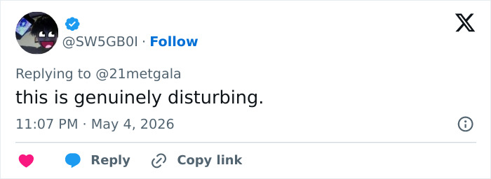 A Twitter comment reading this is genuinely disturbing, related to Heidi Klum's Met Gala outfit.