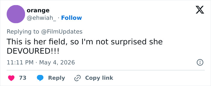 A tweet from 'orange' saying, "This is her field, so I'm not surprised she DEVOURED!!!" Relates to Met Gala Outfit.