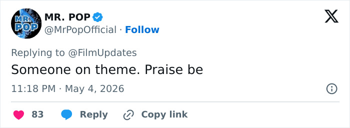 A tweet from Mr. Pop stating, "Someone on theme. Praise be," referencing the genuinely disturbing Heidi Klum Met Gala outfit.