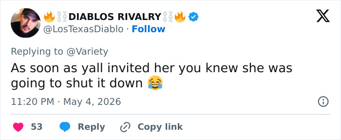 A tweet from Diablos Rivalry. A user replies to Variety, mocking Heidi Klum's Met Gala outfit as genuinely disturbing.