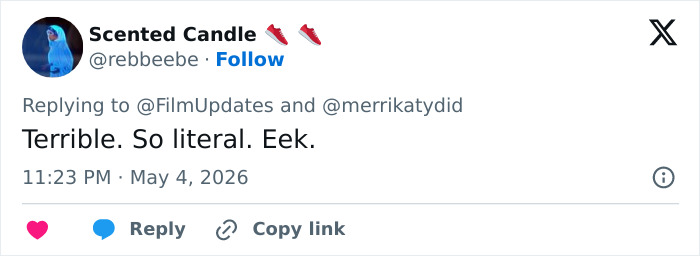 A tweet from Scented Candle says, "Terrible. So literal. Eek." discussing the Met Gala transformation.