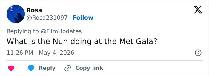 A tweet from Rosa asking, "What is the Nun doing at the Met Gala?", mocking Heidi Klum's disturbing transformation.