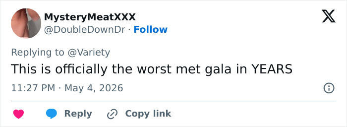 A tweet from @MysteryMeatXXX calling the Met Gala the worst in years, reflecting genuinely disturbing audience reactions.