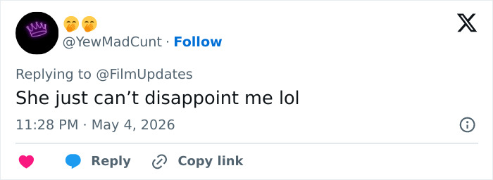 A tweet from @YewMadCunt, with a neon crown icon, stating, She just can't disappoint me lol, commenting on the Met Gala.