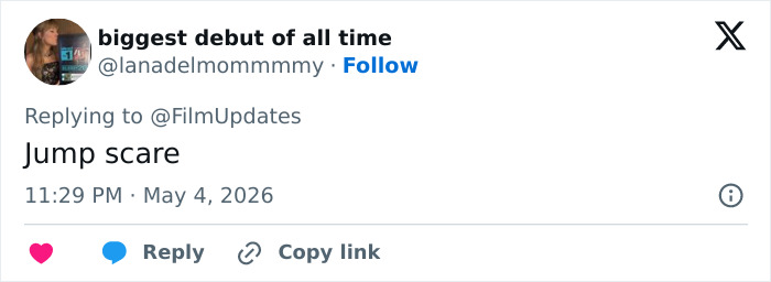 A tweet from @lanadelmommmmy saying Jump scare, implying a genuinely disturbing Met Gala outfit transformation.