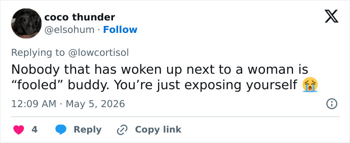 A Twitter post from "coco thunder" replying to @lowcortisol, with text about Sabrina Carpenter makeup and "catfish" accusations.