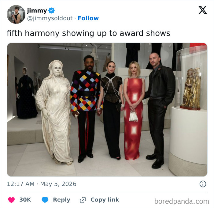 Five celebrity guests at the MET Gala 2026, including a person in white body paint, in an indoor setting.