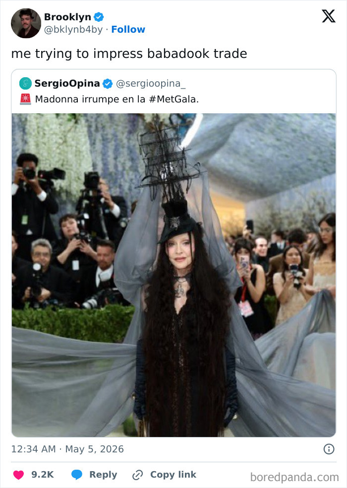 MET Gala 2026: Madonna in a unique hat and long black hair, capturing celebrity guests' attention.