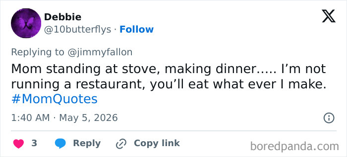 A tweet by @10butterflys about a mom making dinner, exemplifying the ups and downs of motherhood.