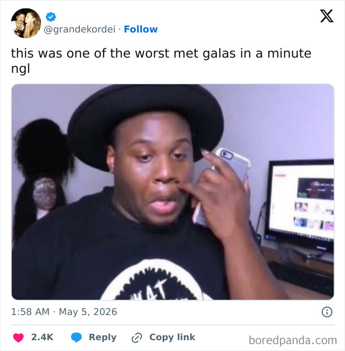 Man reacting to MET Gala 2026, touching his nose with his finger, wide-eyed, showing a funny reaction.