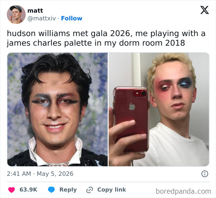 A meme comparing two men with similar dramatic, colorful makeup. Funny reactions to the MET Gala 2026.