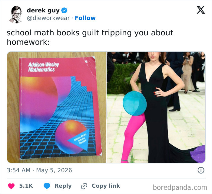 MET Gala 2026 fashion reaction: a math book cover next to a celebrity in a black dress, pink tights, and a blue circle.