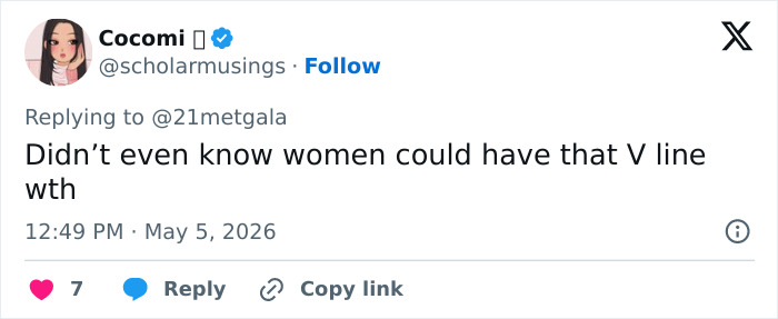 A Twitter user, Cocomi, questions women having a male body V line, sparking discussion on Irina Shayk's Met Gala outfit. A Twitter user, Cocomi, questions women having a male body V line, sparking discussion on Irina Shayk's Met Gala outfit.