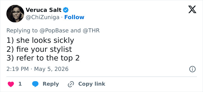 Tweet sobre a aparição de Olivia Wilde no Met Gala, descartando comparações com Gollum, mostrando preocupações com sua aparência.