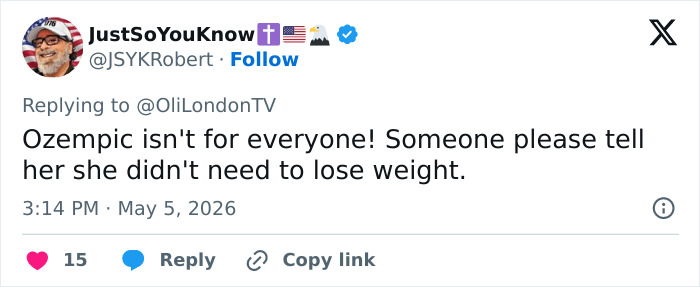 Um tweet de JSYKRobert, 5 de maio de 2026, sobre Ozempic, alimentando a preocupação dos fãs do Met Gala de Olivia Wilde.