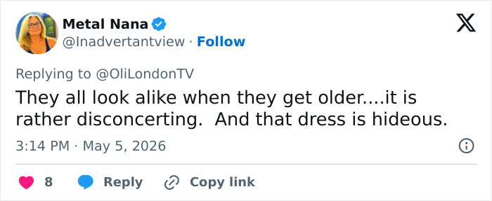 Um tweet da Metal Nana, 5 de maio de 2026, sobre o visual do Met Gala de Olivia Wilde, comentando comparações com Gollum e um vestido horrível.