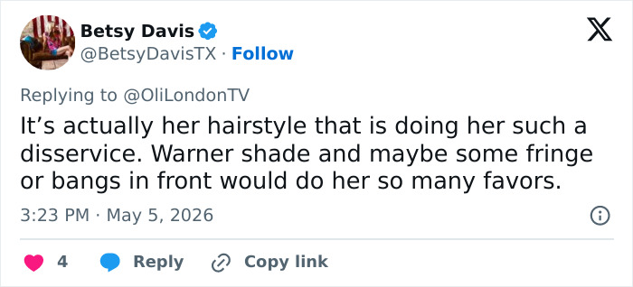 Um tweet de Betsy Davis sugerindo uma mudança de penteado para Olivia Wilde para evitar comparações com Gollum.