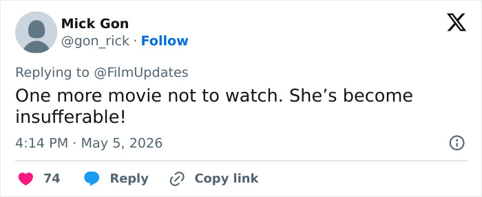 A tweet by Mick Gon calling an actress insufferable, sparking wild reactions related to Anne Hathaway and Botox.