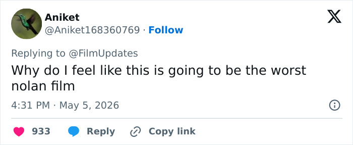A tweet from Aniket, @Aniket168360769, says, "Why do I feel like this is going to be the worst nolan film." Reactions to Anne Hathaways acting.