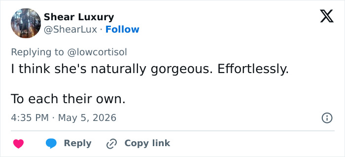 A tweet from Shear Luxury saying "I think she's naturally gorgeous. Effortlessly. To each their own." discussing Sabrina Carpenter's transformation with makeup.