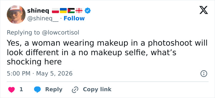 A tweet from @shineq_ stating that Sabrina Carpenter's transformation with makeup is expected. Discussing makeup's impact on appearance.
