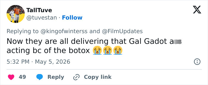 A tweet from TallTuve states actors' acting is fighting botox, referencing Anne Hathaway's acting reactions.