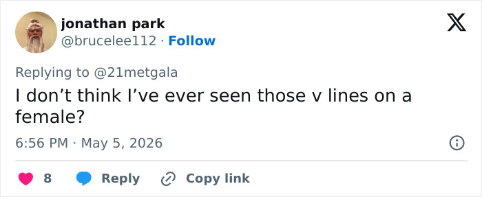 A tweet by Jonathan Park questioning Met Gala outfits, asking about "v lines on a female?" related to "male body" accusations. A tweet by Jonathan Park questioning Met Gala outfits, asking about "v lines on a female?" related to "male body" accusations.