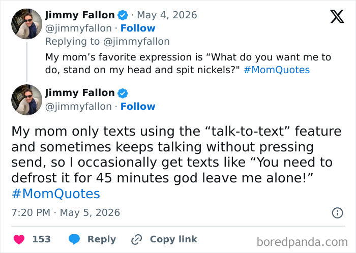 Jimmy Fallon's hilarious Mother's Day tweets capture the funniest ups and downs of motherhood, including talk-to-text mishaps.