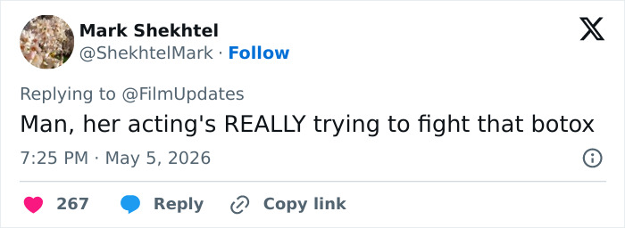 A tweet from Mark Shekhtel, stating "her acting's REALLY trying to fight that botox" about Anne Hathaway.