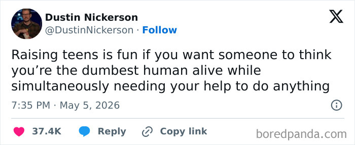 Humorous tweet on raising teens feeling dumb but needing parental help