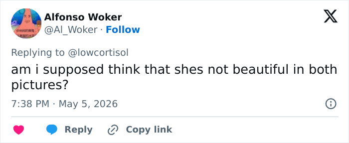 A tweet asking if someone is supposed to think she is not beautiful in both pictures, relating to Sabrina Carpenter and makeup transformations.