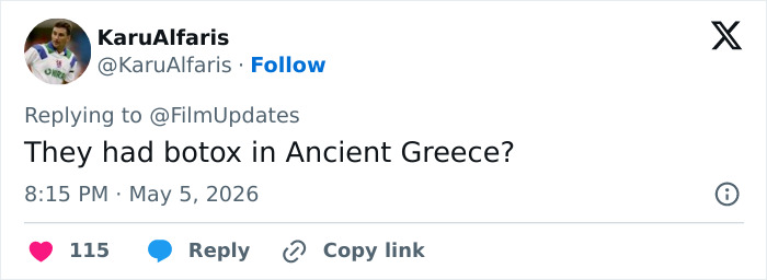 A tweet asks, "They had botox in Ancient Greece?" highlighting reactions to Anne Hathaway's scene in The Odyssey.