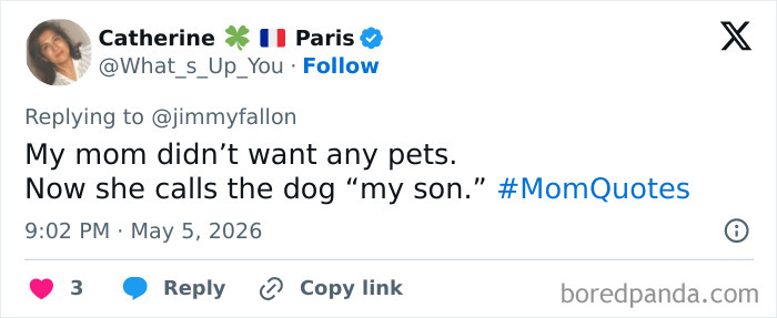 A tweet by Catherine from Paris saying, My mom didn't want any pets. Now she calls the dog "my son." #MomQuotes. A funny Mother's Day tweet about motherhood.