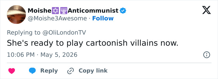 Um tweet de @Moishe3Awesome sobre Olivia Wilde e comparações com Gollum, dizendo "Ela está pronta para interpretar vilões de desenho animado agora."