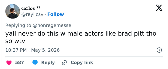 A Twitter user's comment, "yall never do this w male actors like brad pitt tho so wtv," discussing Anne Hathaway botox reactions.